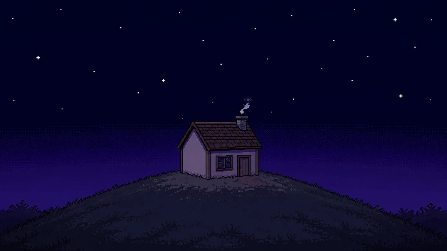A small house at night with one dark window